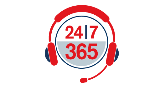 Icon showing a headset with a circle in the middle with the words 24/7 365